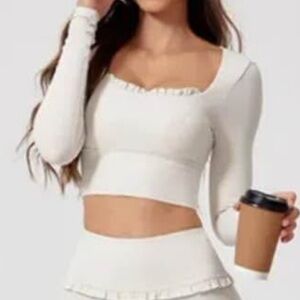 Cream ruffle athletic Long Sleeve Women's Top
